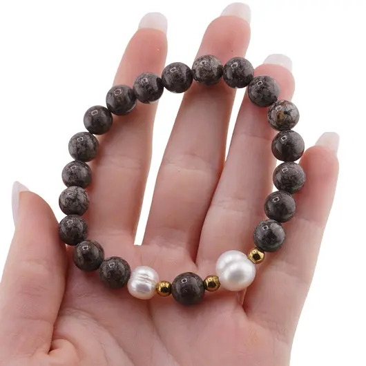 Bratara pe elastic Perle de cultura, bumbi aurii si Obsidian fulg de nea maro sfere 8mm, imagine 3