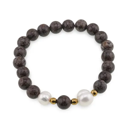 Bratara pe elastic Perle de cultura, bumbi aurii si Obsidian fulg de nea maro sfere 8mm