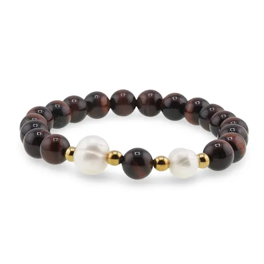 Bratara pe elastic Perle de cultura, bumbi aurii si Ochi de taur sfere 8mm, imagine 2