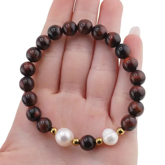 Bratara pe elastic Perle de cultura, bumbi aurii si Ochi de taur sfere 8mm, imagine 3
