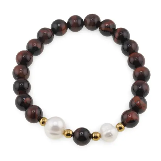 Bratara pe elastic Perle de cultura, bumbi aurii si Ochi de taur sfere 8mm
