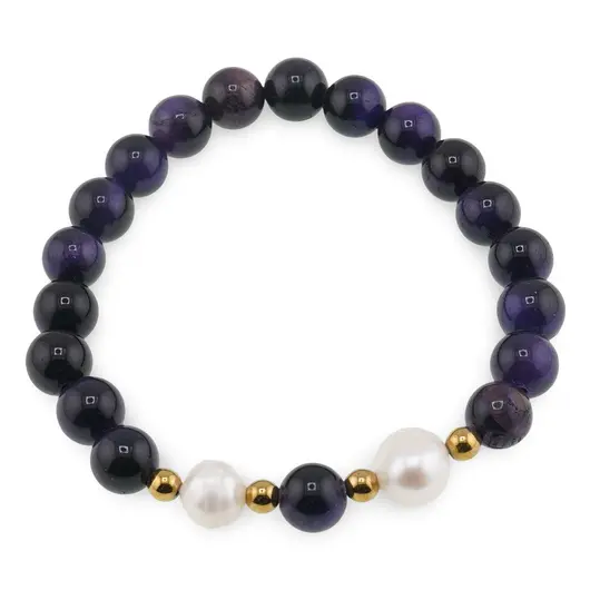 Bratara pe elastic Perle de cultura, bumbi aurii si Ochi de tigru mov sfere 8mm