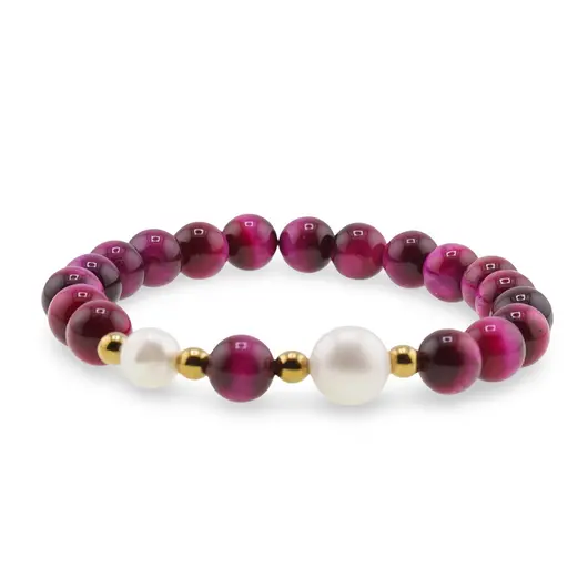 Bratara pe elastic Perle de cultura, bumbi aurii si Ochi de tigru roz sfere 8mm, imagine 2