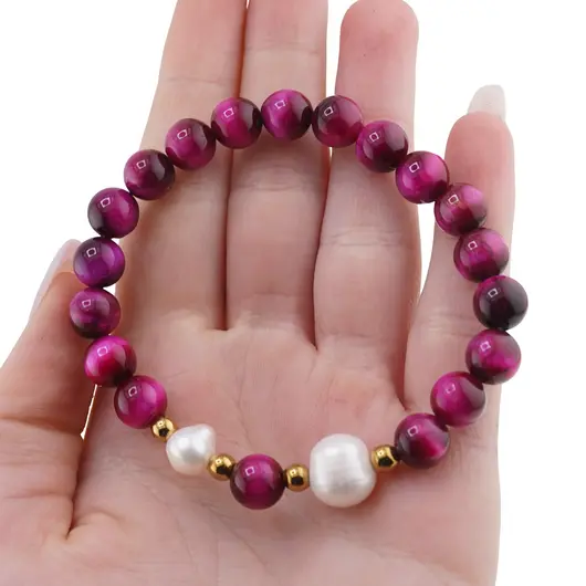 Bratara pe elastic Perle de cultura, bumbi aurii si Ochi de tigru roz sfere 8mm, imagine 3