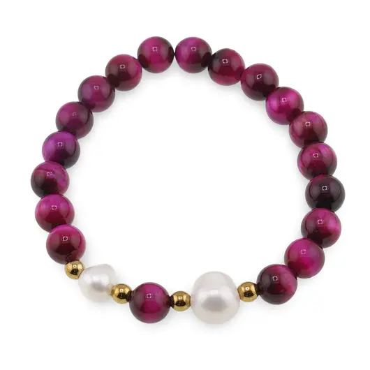 Bratara pe elastic Perle de cultura, bumbi aurii si Ochi de tigru roz sfere 8mm