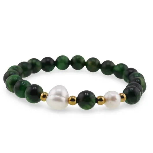 Bratara pe elastic Perle de cultura, bumbi aurii si Ochi de tigru verde sfere 8mm, imagine 2