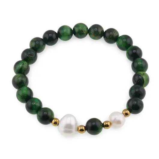 Bratara pe elastic Perle de cultura, bumbi aurii si Ochi de tigru verde sfere 8mm