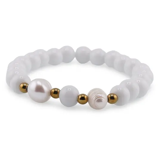 Bratara pe elastic Perle de cultura, bumbi aurii si Onix alb sfere 8mm, imagine 2