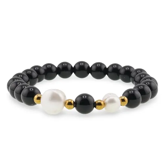 Bratara pe elastic Perle de cultura, bumbi aurii si Onix sfere 8mm, imagine 2
