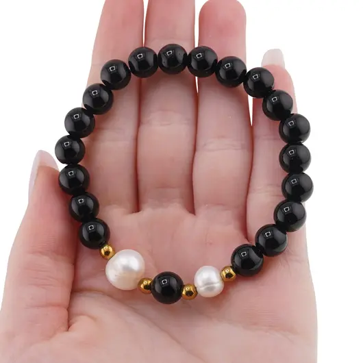 Bratara pe elastic Perle de cultura, bumbi aurii si Onix sfere 8mm, imagine 3