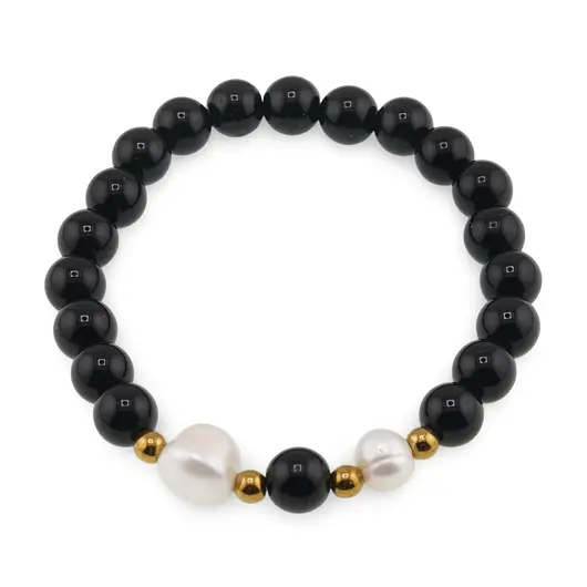 Bratara pe elastic Perle de cultura, bumbi aurii si Onix sfere 8mm
