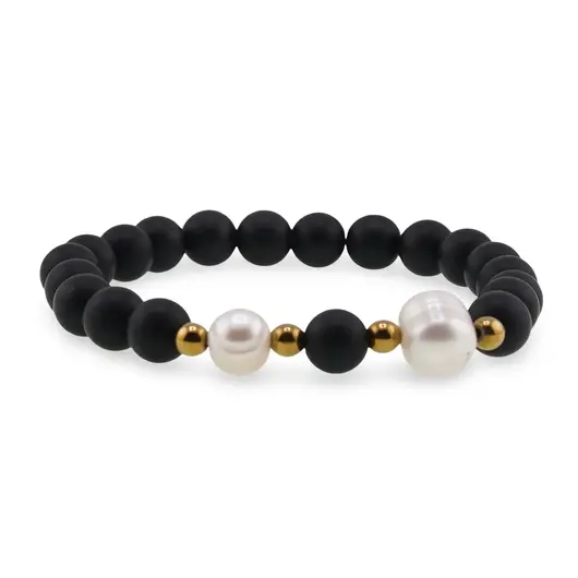 Bratara pe elastic Perle de cultura, bumbi aurii si Onix sfere mate 8mm, imagine 2