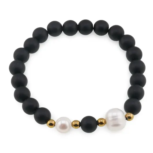 Bratara pe elastic Perle de cultura, bumbi aurii si Onix sfere mate 8mm