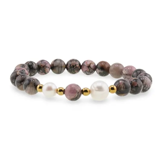 Bratara pe elastic Perle de cultura, bumbi aurii si Rodonit sfere 8mm, imagine 2