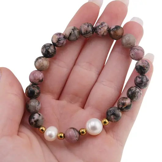 Bratara pe elastic Perle de cultura, bumbi aurii si Rodonit sfere 8mm, imagine 3