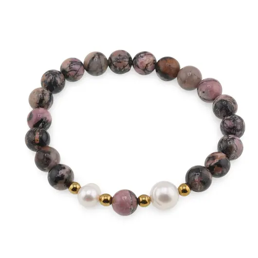 Bratara pe elastic Perle de cultura, bumbi aurii si Rodonit sfere 8mm