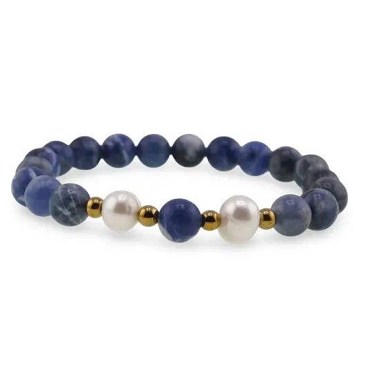 Bratara pe elastic Perle de cultura, bumbi aurii si Sodalit A+ sfere 8mm, imagine 2