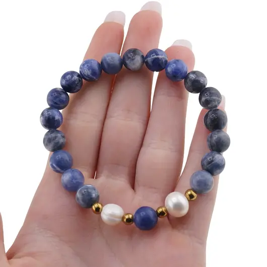 Bratara pe elastic Perle de cultura, bumbi aurii si Sodalit A+ sfere 8mm, imagine 3