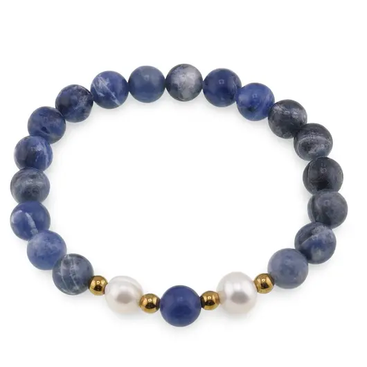 Bratara pe elastic Perle de cultura, bumbi aurii si Sodalit A+ sfere 8mm