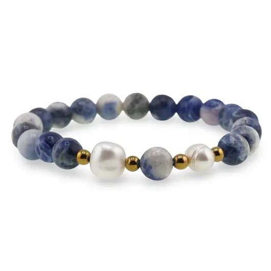 Bratara pe elastic Perle de cultura, bumbi aurii si Sodalit deschis sfere 8mm, imagine 2