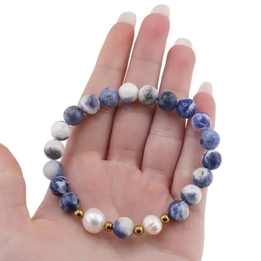 Bratara pe elastic Perle de cultura, bumbi aurii si Sodalit deschis sfere 8mm, imagine 3