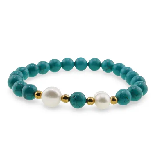 Bratara pe elastic Perle de cultura, bumbi aurii si Turcoaz tratat sfere 8mm, imagine 2