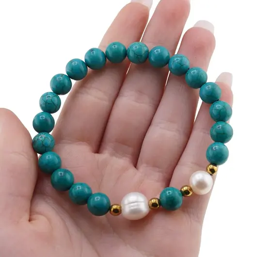 Bratara pe elastic Perle de cultura, bumbi aurii si Turcoaz tratat sfere 8mm, imagine 3