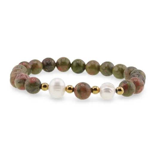Bratara pe elastic Perle de cultura, bumbi aurii si Unakit sfere 8mm, imagine 2