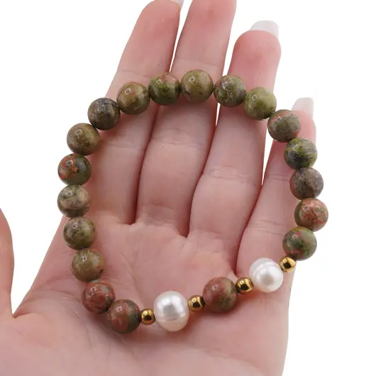 Bratara pe elastic Perle de cultura, bumbi aurii si Unakit sfere 8mm, imagine 3
