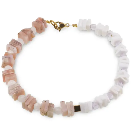 Bratara Rodocrozit si Opal alb patratele 5-7mm, Ametist si Piatra Lunii sfere 3-4mm si Hematit auriu cub 3mm