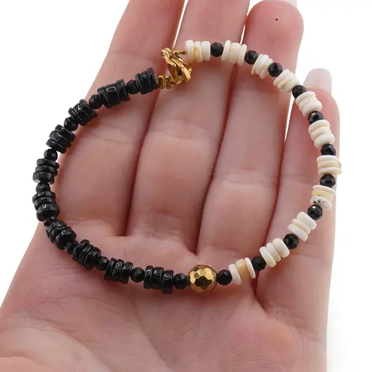 Bratara Turmalina neagra si Opal alb discuri 4-5mm, Turmalina neagra sfere fatetate 3mm si sfera Hematit auriu 6mm, imagine 3