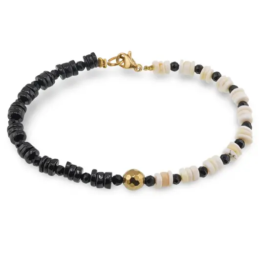 Bratara Turmalina neagra si Opal alb discuri 4-5mm, Turmalina neagra sfere fatetate 3mm si sfera Hematit auriu 6mm