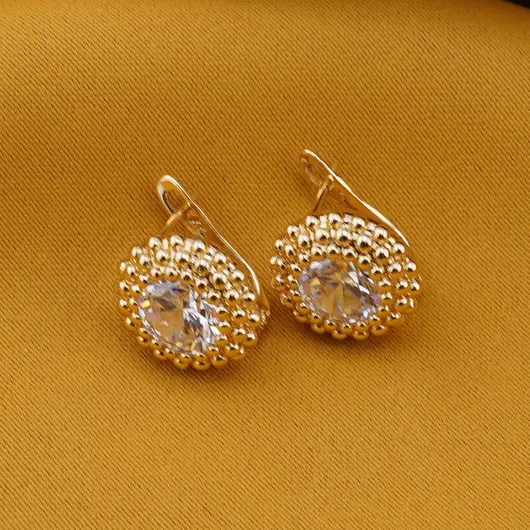 Cercei din cupru placat cu aur galben 18k, model floare cu zirconiu, imagine 2