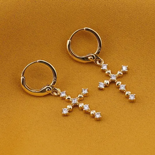 Cercei din cupru placat cu aur galben 18k, model cruce cu zirconii, imagine 2