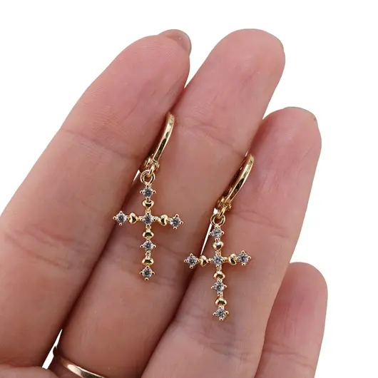 Cercei din cupru placat cu aur galben 18k, model cruce cu zirconii, imagine 3