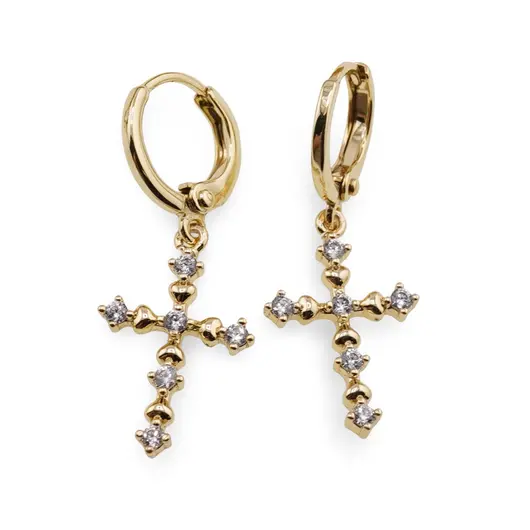 Cercei din cupru placat cu aur galben 18k, model cruce cu zirconii
