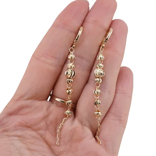 Cercei din cupru placat cu aur galben 18k, model lant cu sfere fatetate, imagine 3