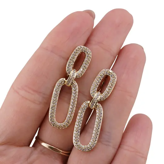 Cercei din cupru placat cu aur galben 18k, model lant cu zirconii, imagine 3
