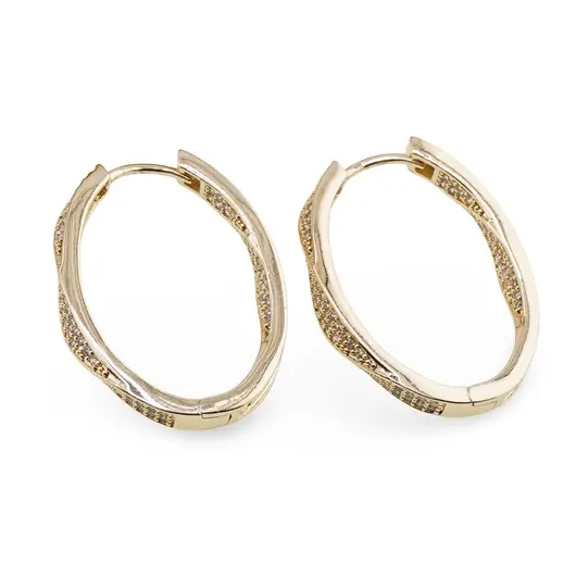 Cercei din cupru placat cu aur galben 18k, model oval rasucit cu zirconii