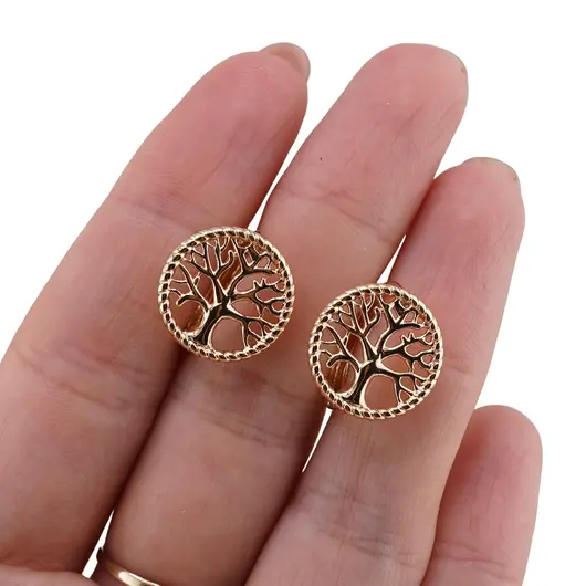 Cercei din cupru placat cu aur galben 18k, model rotund cu copac, imagine 3