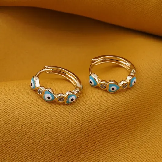 Cercei din cupru placat cu aur galben 18k, model rotund cu ochi protector albastru, imagine 2