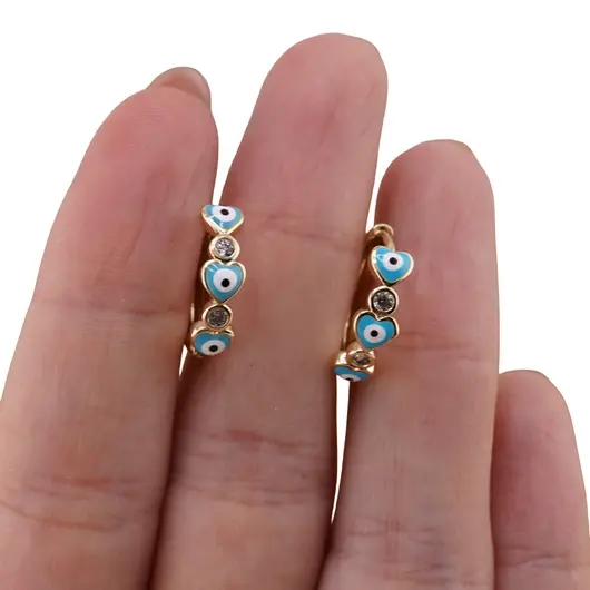 Cercei din cupru placat cu aur galben 18k, model rotund cu ochi protector albastru, imagine 3