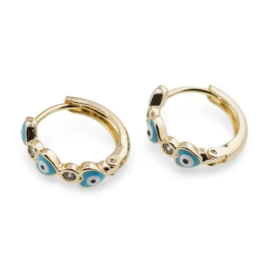 Cercei din cupru placat cu aur galben 18k, model rotund cu ochi protector albastru