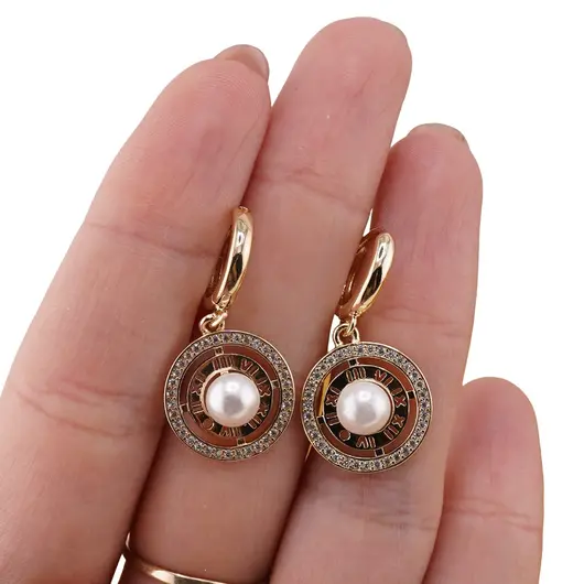 Cercei din cupru placat cu aur galben 18k, model rotund cu perla si zirconii, imagine 3