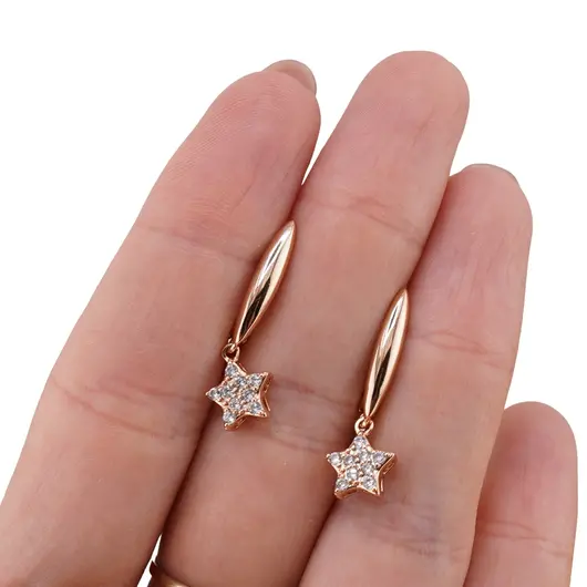 Cercei din cupru placat cu aur roz 18k, model alungit cu steluta si zirconii, imagine 3