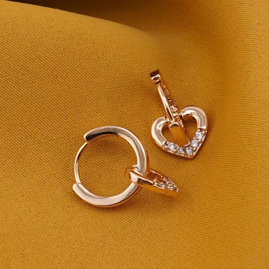 Cercei din cupru placat cu aur roz 18k, model cerc cu inima si zirconii, imagine 2