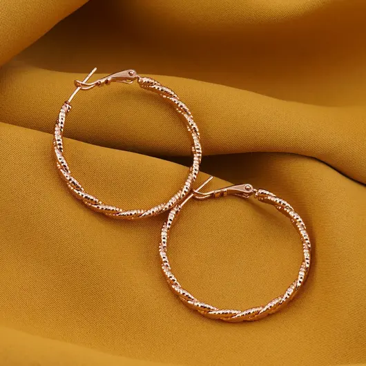Cercei din cupru placat cu aur roz 18k, model creole rasucite, imagine 2