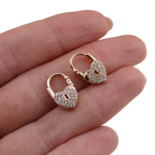 Cercei din cupru placat cu aur roz 18k, model lacat cu zirconii, imagine 3