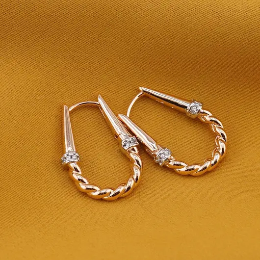 Cercei din cupru placat cu aur roz 18k, model oval rasucit, imagine 2