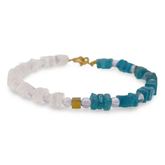 Bratara Apatit cu Cuart roz patratele 5mm, Ametist sfere 4mm si Hematit auriu cub 4mm, imagine 2